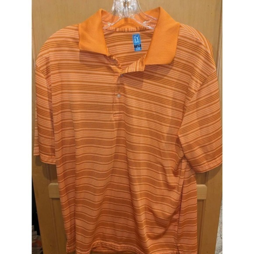PGA Tour Men's Orange Stripe Short Sleeve Side Slits Polo Golf Shirt Size L